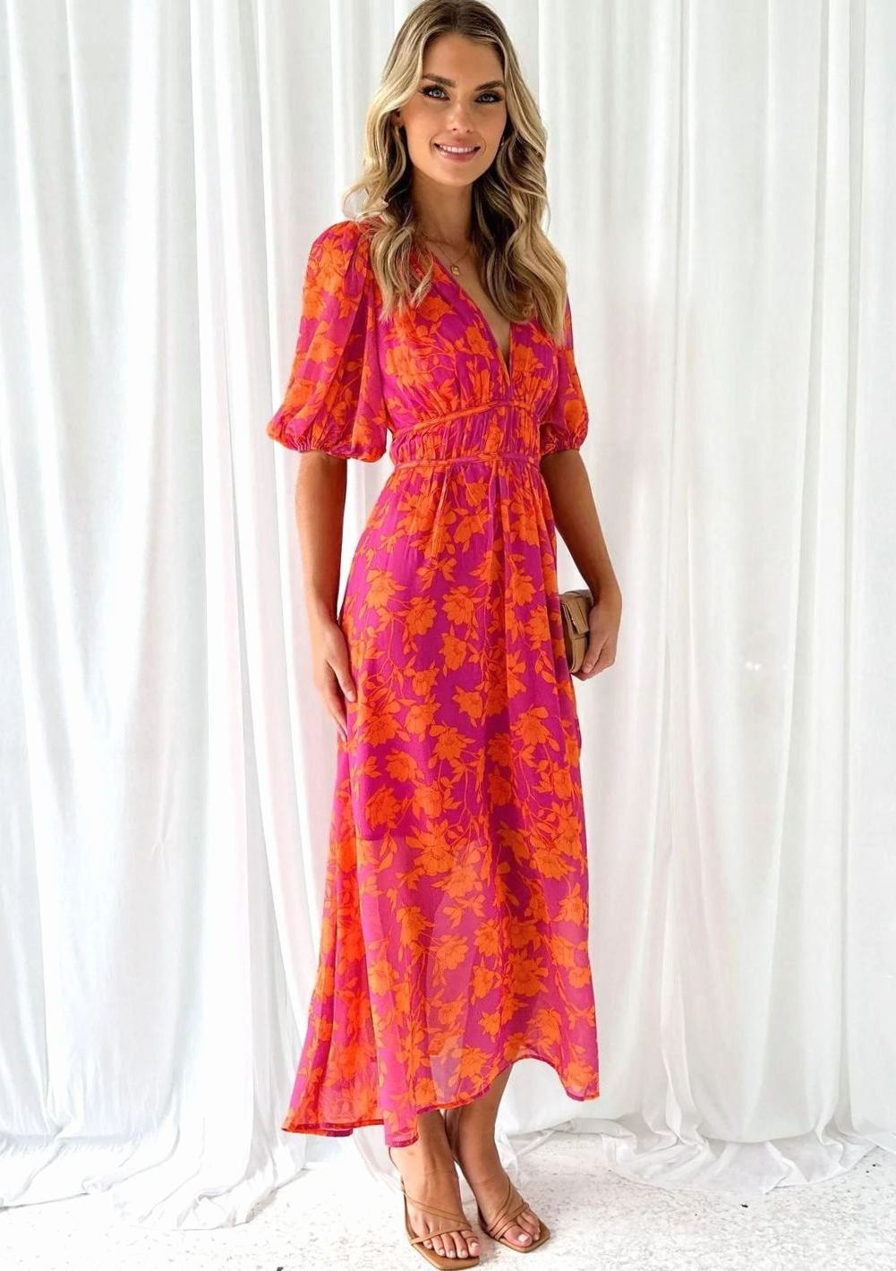 Josephine | Pink Floral V-Neck Short Sleeve Maxi Dress