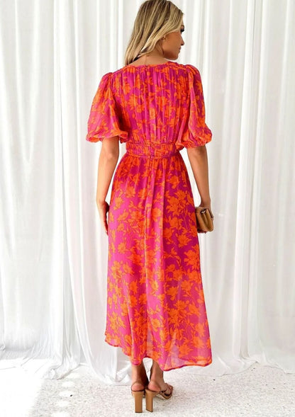 Josephine | Pink Floral V-Neck Short Sleeve Maxi Dress