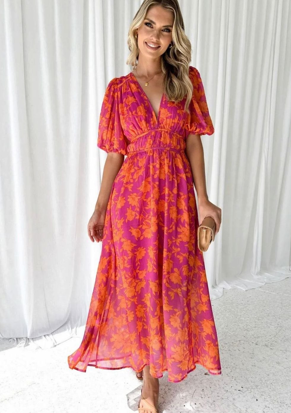 Josephine | Pink Floral V-Neck Short Sleeve Maxi Dress