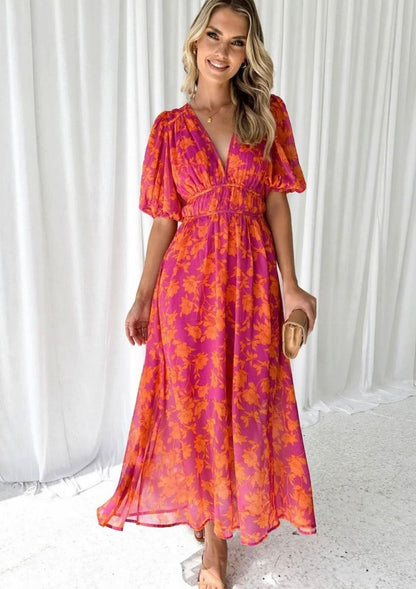 Josephine | Pink Floral V-Neck Short Sleeve Maxi Dress