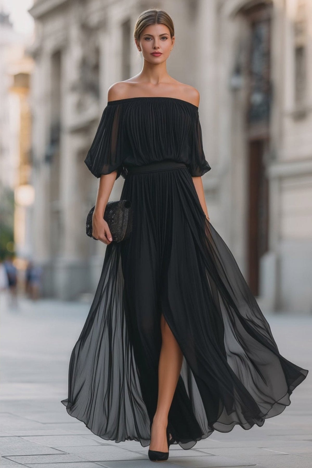 Perdita | Off Shoulder Pleated Chiffon Maxi Dress