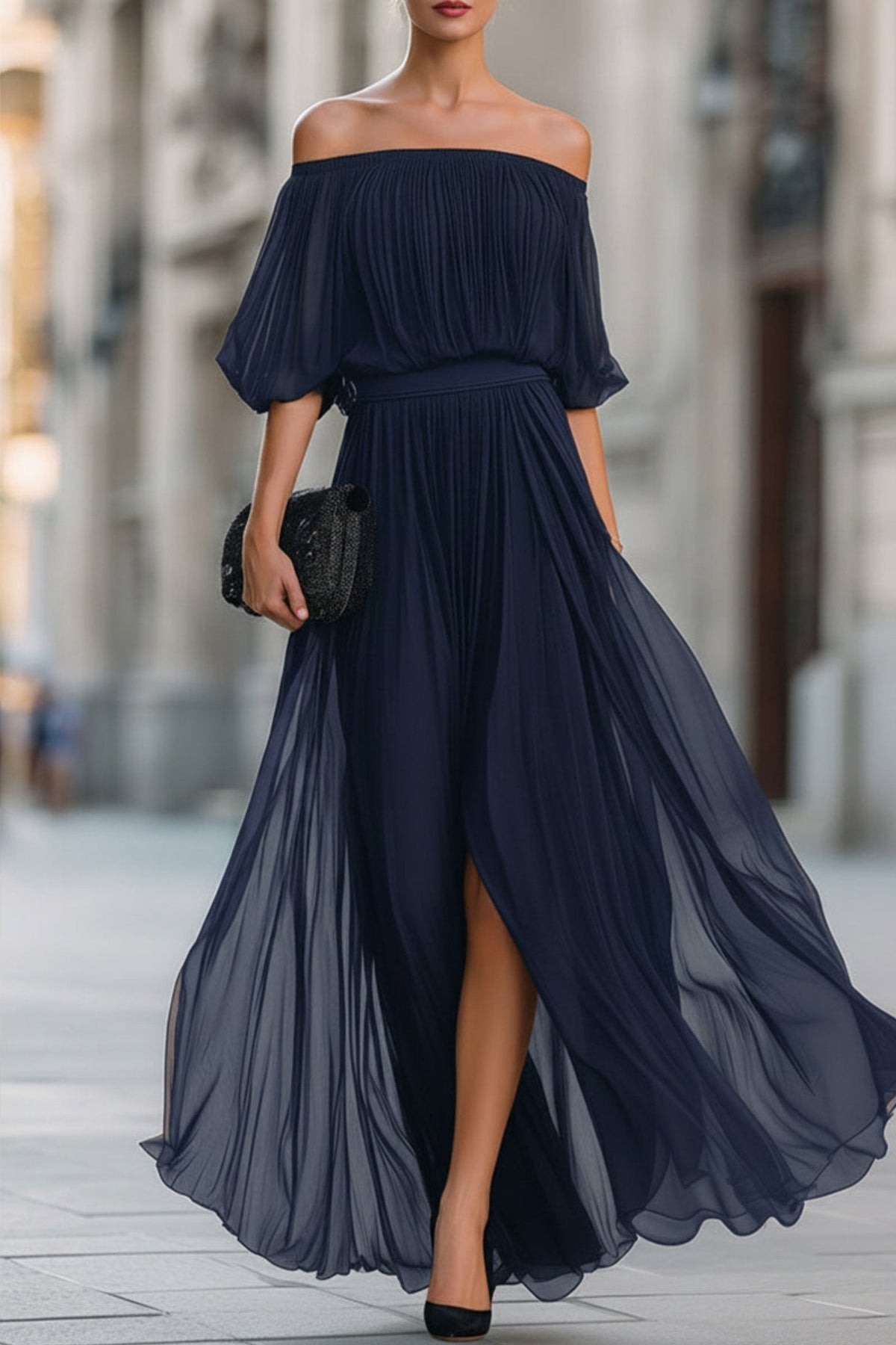 Perdita | Off Shoulder Pleated Chiffon Maxi Dress