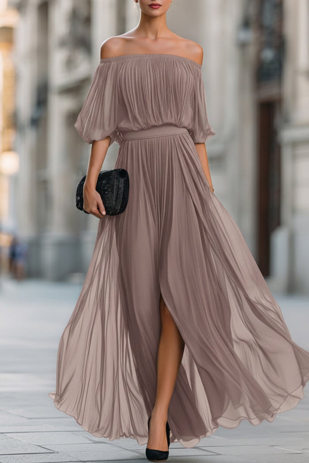Perdita | Off Shoulder Pleated Chiffon Maxi Dress