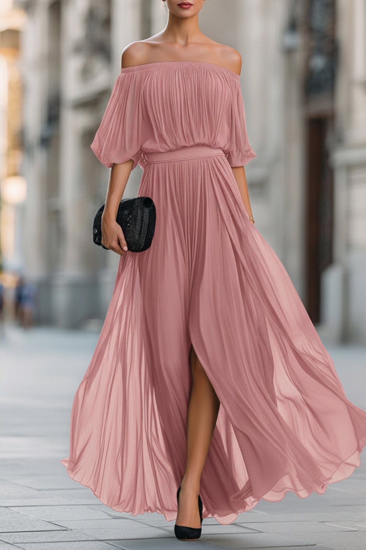 Perdita | Off Shoulder Pleated Chiffon Maxi Dress