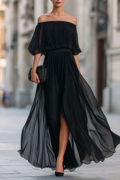 Perdita | Off Shoulder Pleated Chiffon Maxi Dress