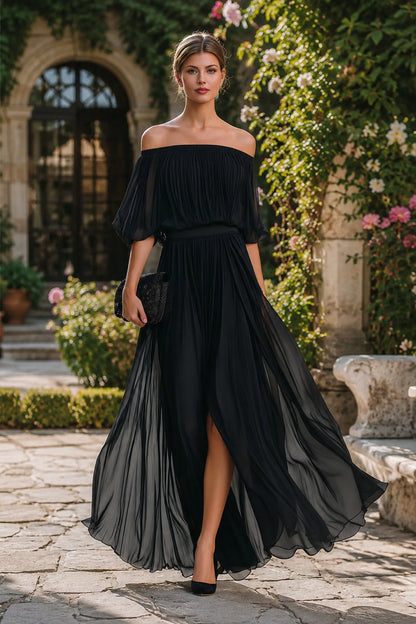 Perdita | Off Shoulder Pleated Chiffon Maxi Dress