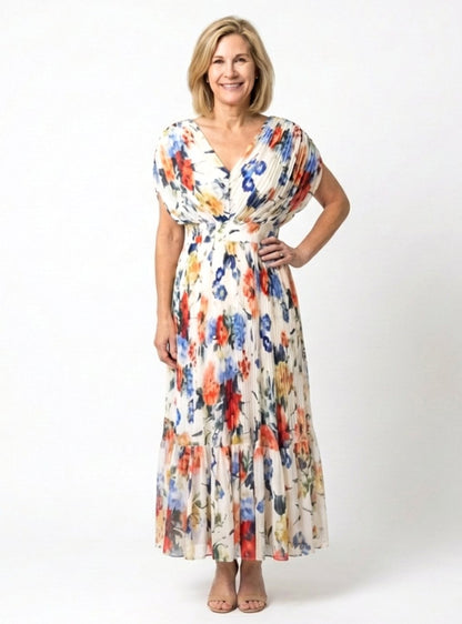 Clara | Pleated Floral V-Neck Short Sleeve Midi Dress