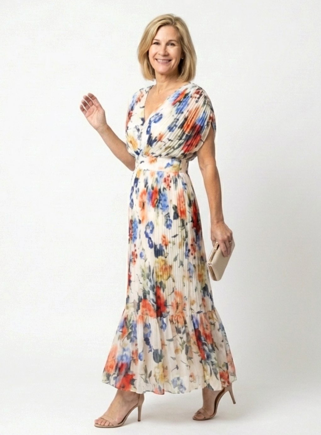 Clara | Pleated Floral V-Neck Short Sleeve Midi Dress