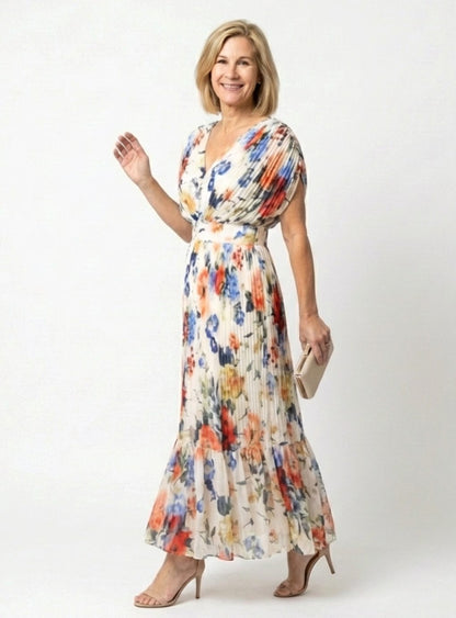 Clara | Pleated Floral V-Neck Short Sleeve Midi Dress