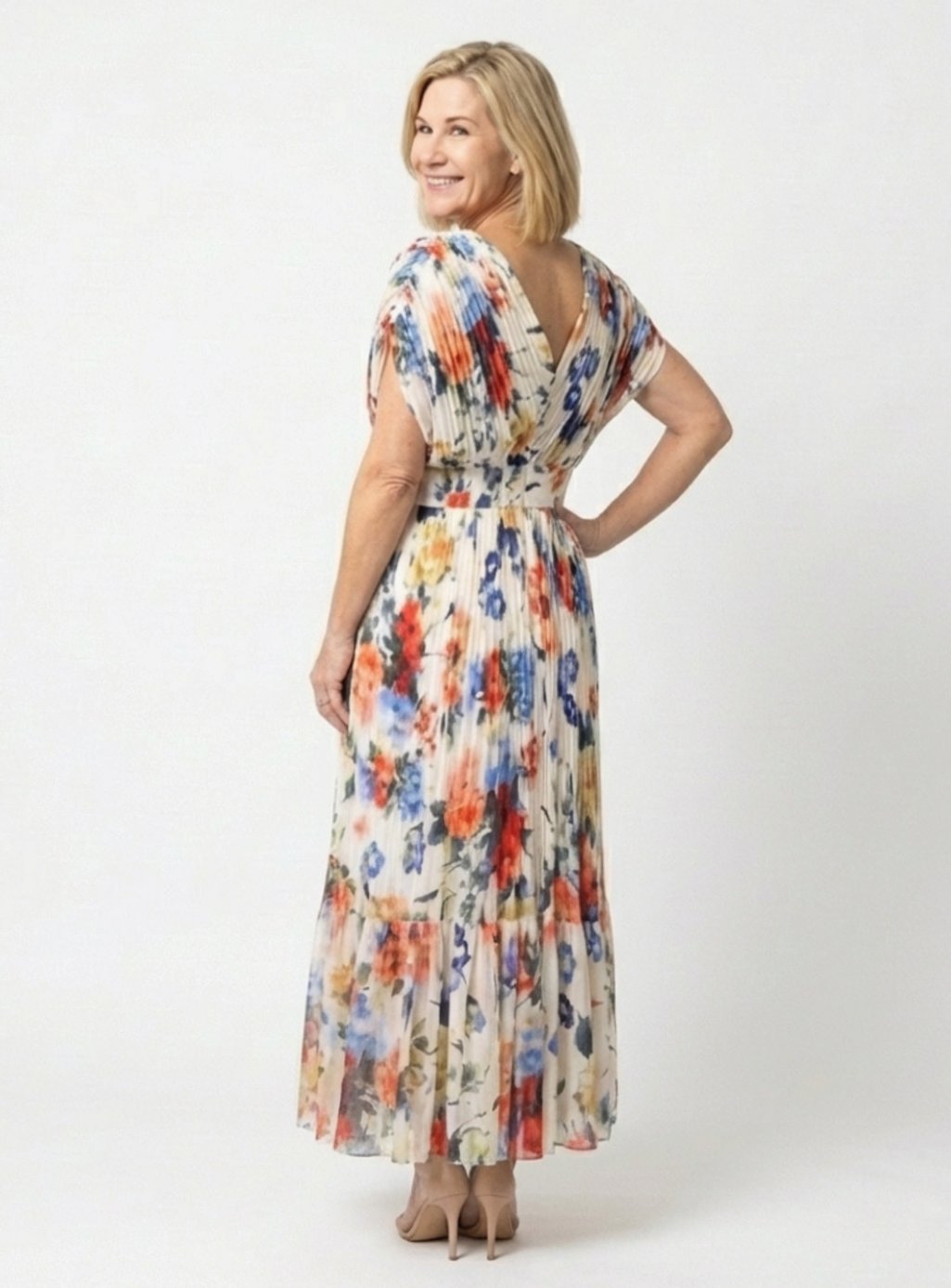 Clara | Pleated Floral V-Neck Short Sleeve Midi Dress