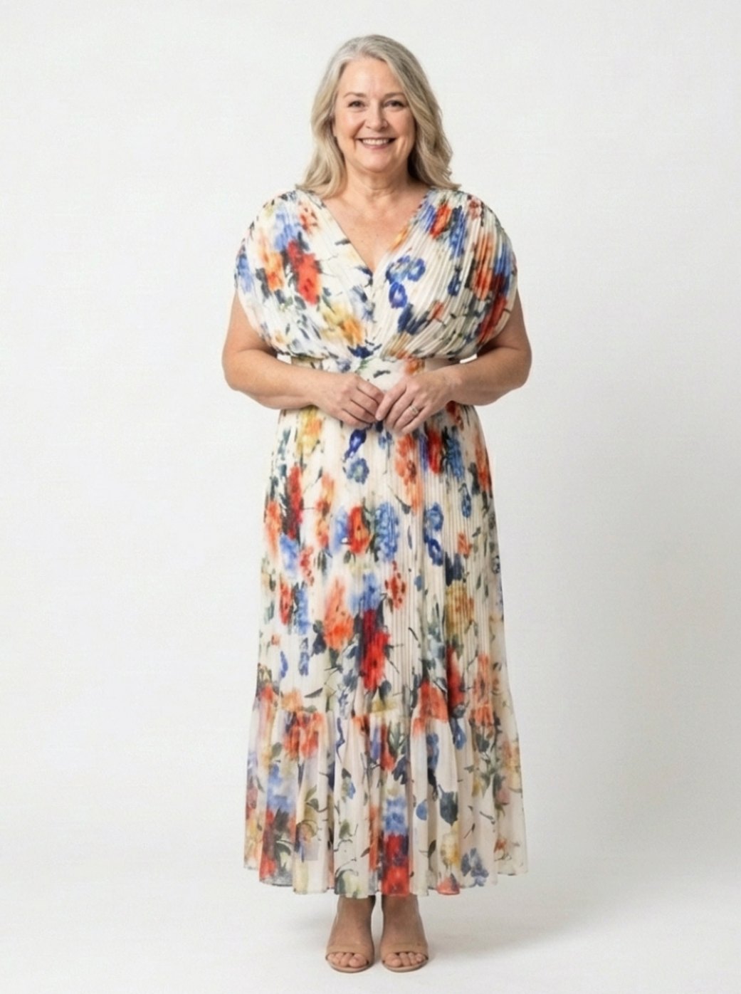 Clara | Pleated Floral V-Neck Short Sleeve Midi Dress