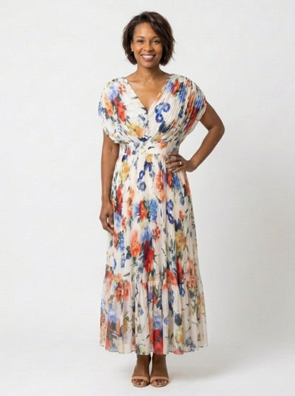 Clara | Pleated Floral V-Neck Short Sleeve Midi Dress