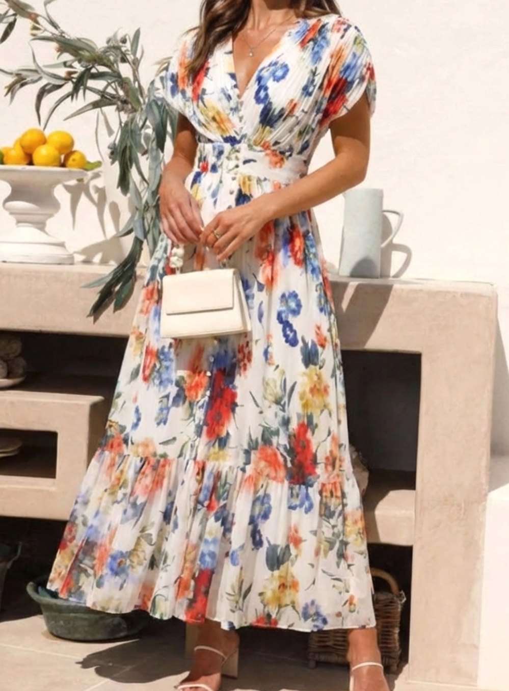 Clara | Pleated Floral V-Neck Short Sleeve Midi Dress
