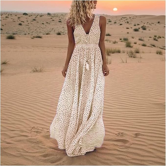 Cecily | Polka Dot Sleeveless V-Neck Flowy Boho Maxi Dress