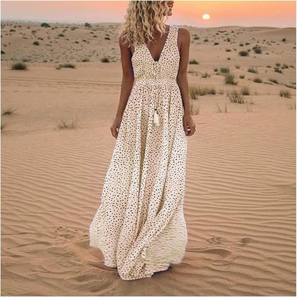 Cecily | Polka Dot Sleeveless V-Neck Flowy Boho Maxi Dress