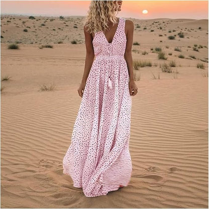 Cecily | Polka Dot Sleeveless V-Neck Flowy Boho Maxi Dress
