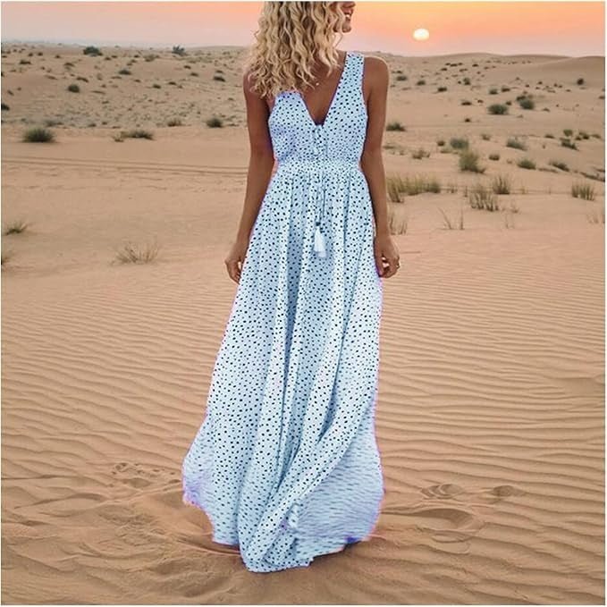 Cecily | Polka Dot Sleeveless V-Neck Flowy Boho Maxi Dress