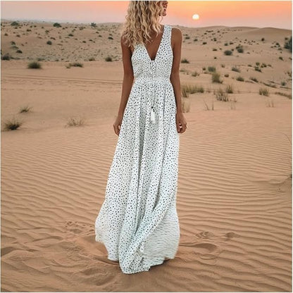 Cecily | Polka Dot Sleeveless V-Neck Flowy Boho Maxi Dress
