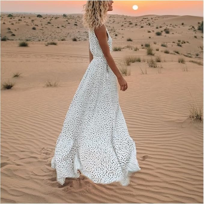 Cecily | Polka Dot Sleeveless V-Neck Flowy Boho Maxi Dress