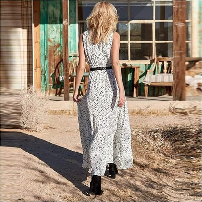 Cecily | Polka Dot Sleeveless V-Neck Flowy Boho Maxi Dress
