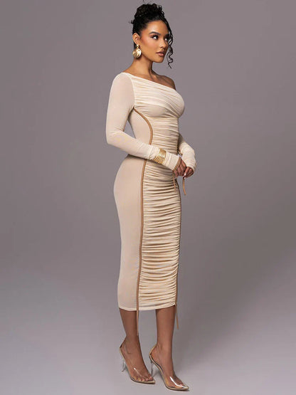 Genevieve | Ruched One Shoulder Long Sleeve Evening Dress