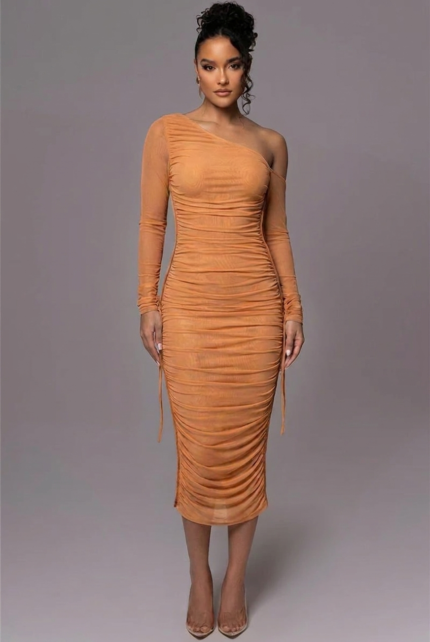 Genevieve | Ruched One Shoulder Long Sleeve Evening Dress
