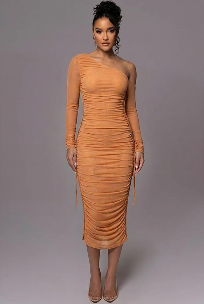 Genevieve | Ruched One Shoulder Long Sleeve Evening Dress