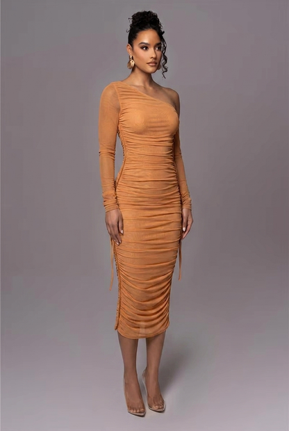 Genevieve | Ruched One Shoulder Long Sleeve Evening Dress