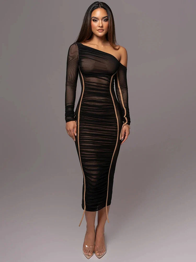 Genevieve | Ruched One Shoulder Long Sleeve Evening Dress