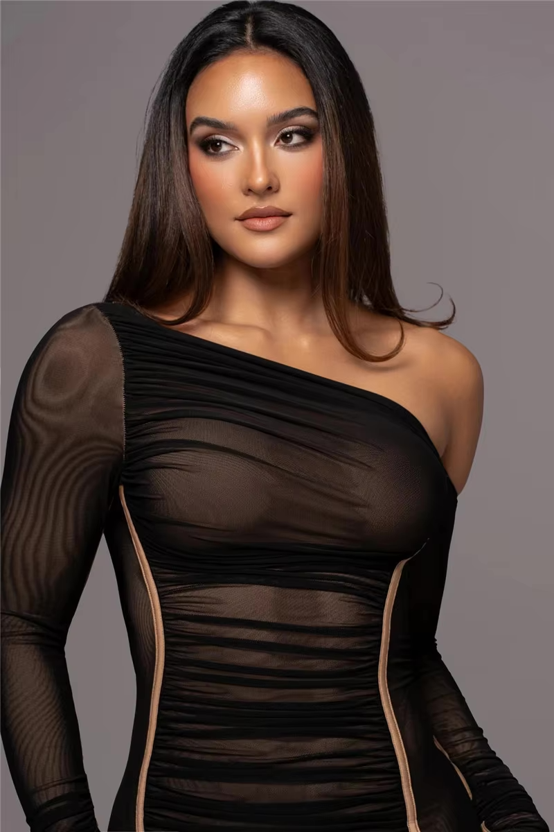 Genevieve | Ruched One Shoulder Long Sleeve Evening Dress