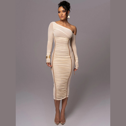 Genevieve | Ruched One Shoulder Long Sleeve Evening Dress