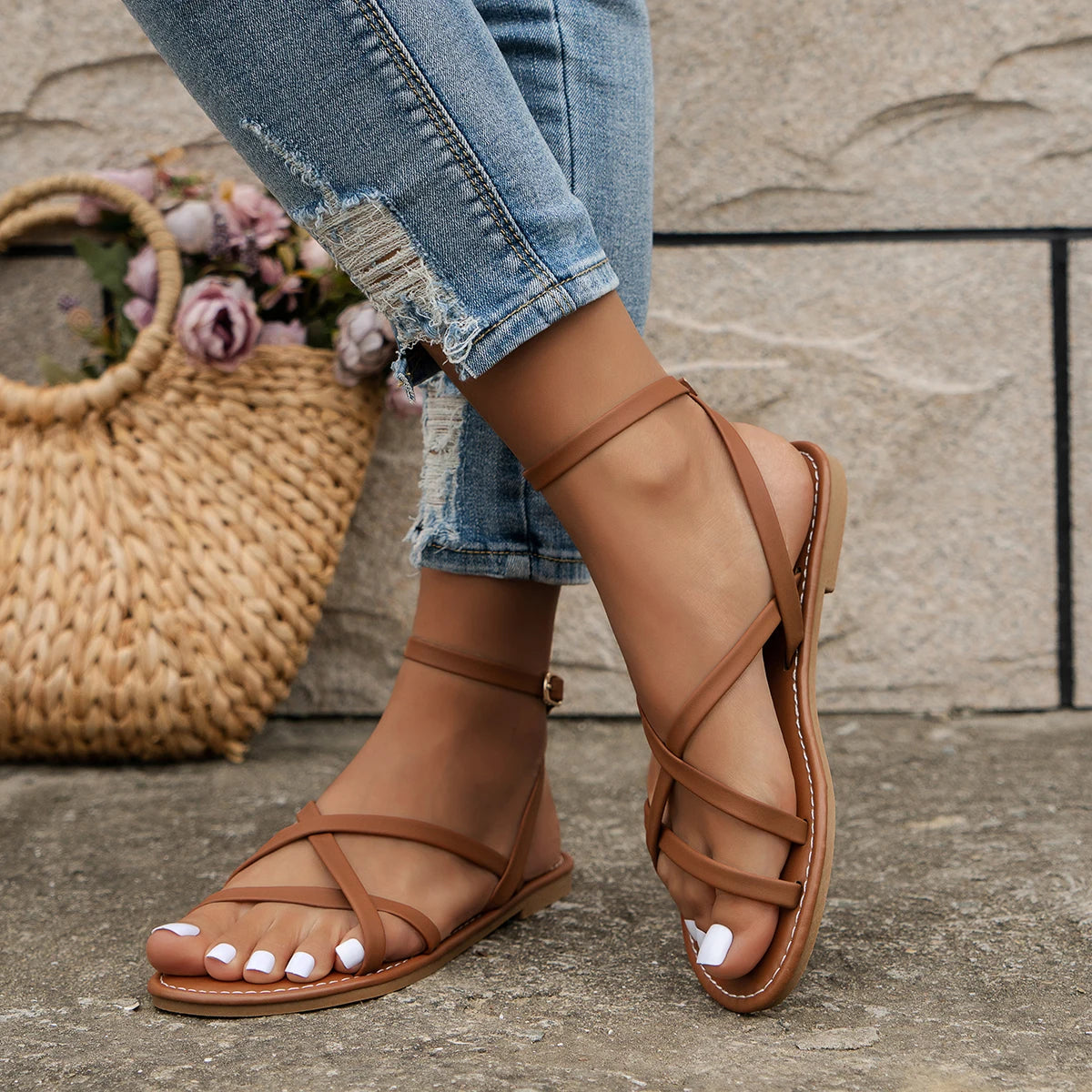 Talia | Cross Strap Flat Sandals with Ankle Buckle