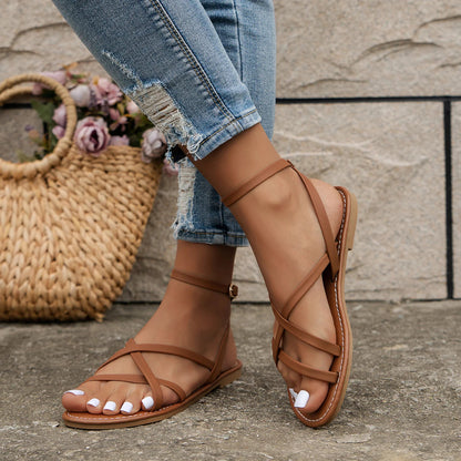 Talia | Cross Strap Flat Sandals with Ankle Buckle