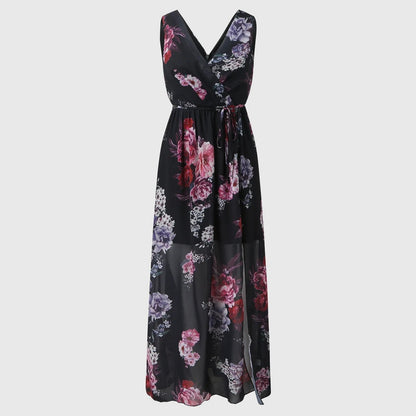 Saskia | Floral Sleeveless Wrap V-Neck Maxi Dress with Side Slit