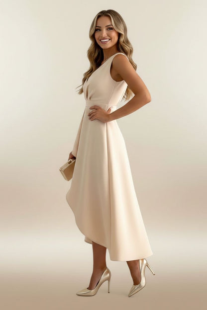 Winifred | Beige Sleeveless Wrap V-Neck Midi Dress with Fitted Waist