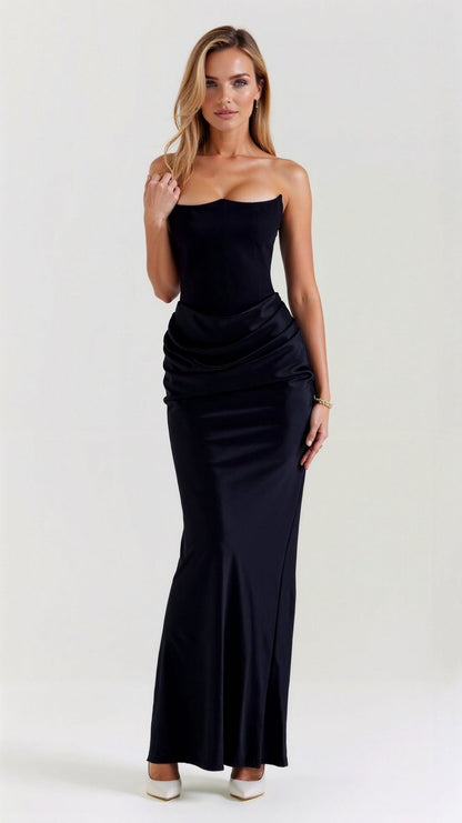 Thea | Strapless Satin Corset Bodice Maxi Dress