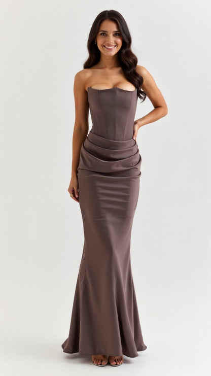 Thea | Strapless Satin Corset Bodice Maxi Dress