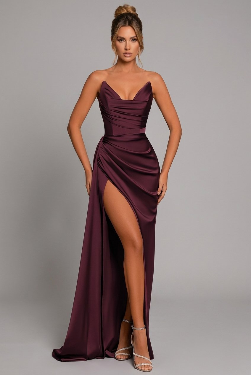 Agatha | Strapless Ruched Satin Maxi Formal Dress with High Slit