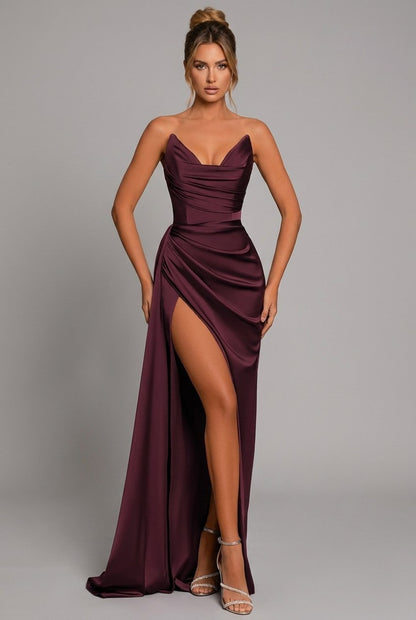 Agatha | Strapless Ruched Satin Maxi Formal Dress with High Slit