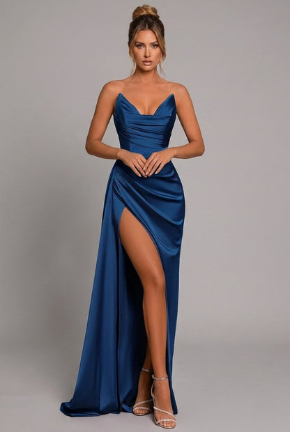 Agatha | Strapless Ruched Satin Maxi Formal Dress with High Slit