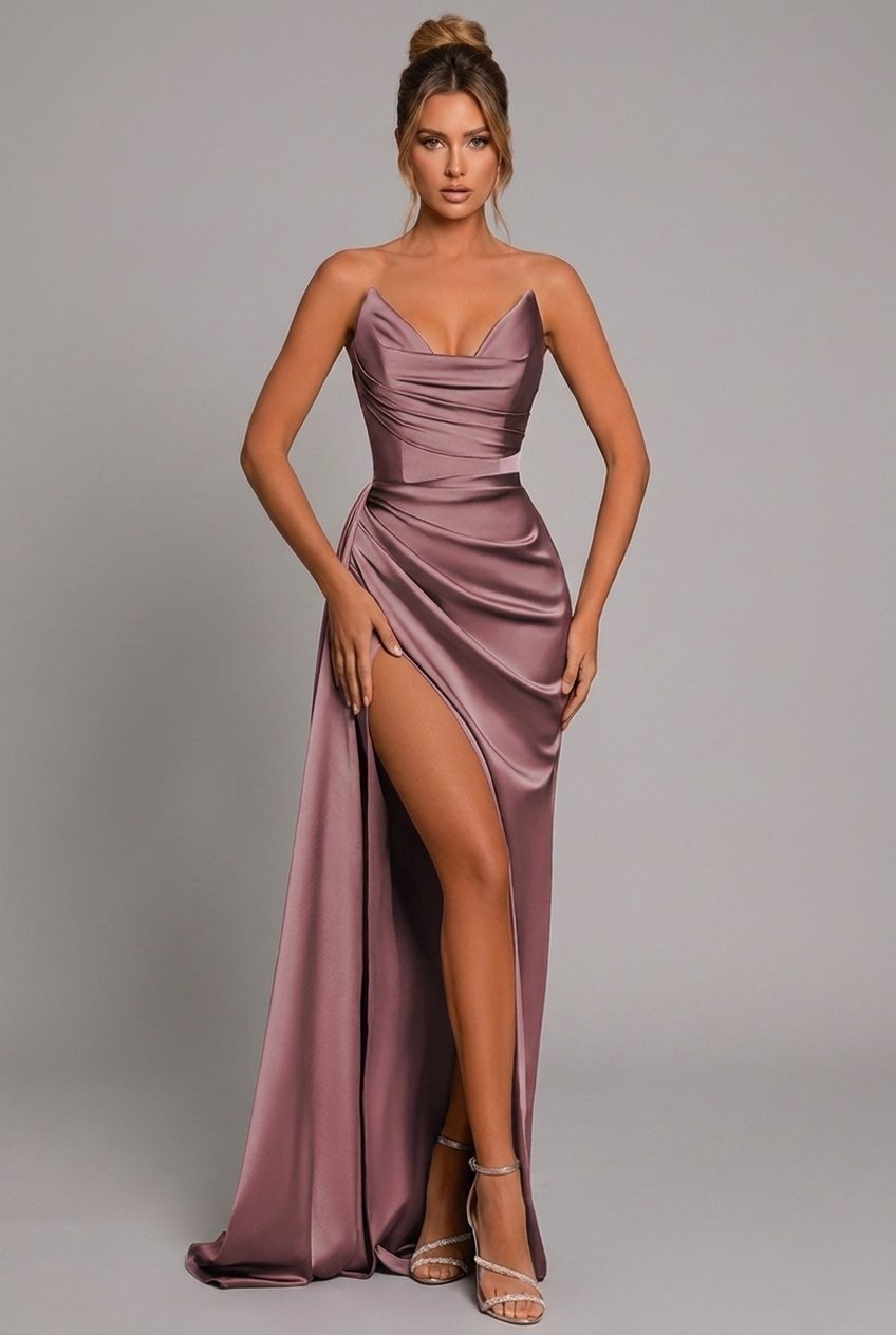 Agatha | Strapless Ruched Satin Maxi Formal Dress with High Slit