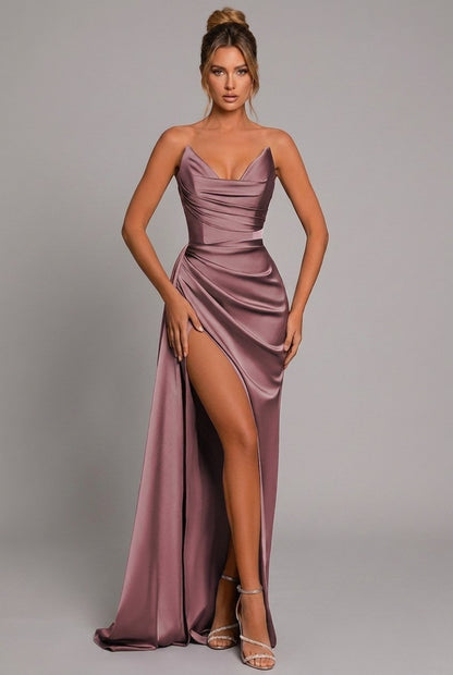 Agatha | Strapless Ruched Satin Maxi Formal Dress with High Slit