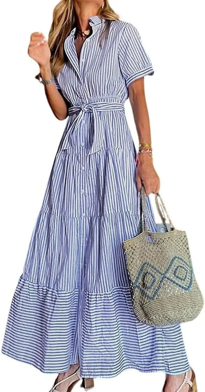 Eleanor | Striped Button Down Tiered Ruffle Maxi Shirt Dress