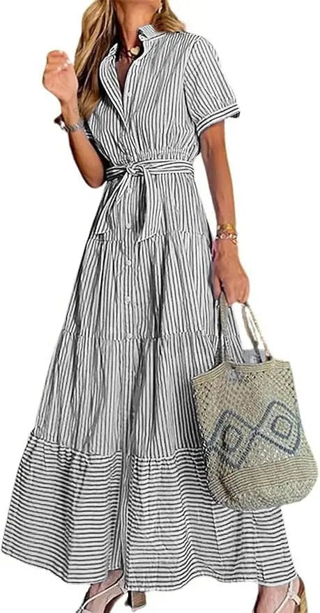 Eleanor | Striped Button Down Tiered Ruffle Maxi Shirt Dress