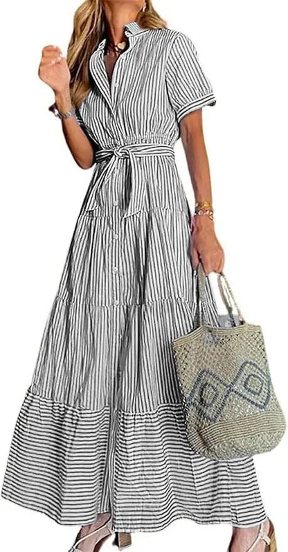 Eleanor | Striped Button Down Tiered Ruffle Maxi Shirt Dress