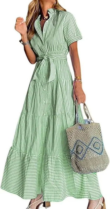 Eleanor | Striped Button Down Tiered Ruffle Maxi Shirt Dress