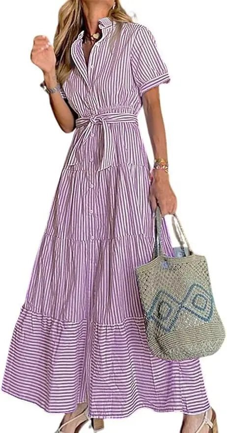 Eleanor | Striped Button Down Tiered Ruffle Maxi Shirt Dress