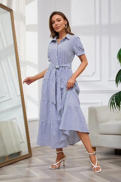 Eleanor | Striped Button Down Tiered Ruffle Maxi Shirt Dress