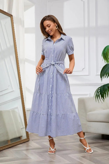Eleanor | Striped Button Down Tiered Ruffle Maxi Shirt Dress
