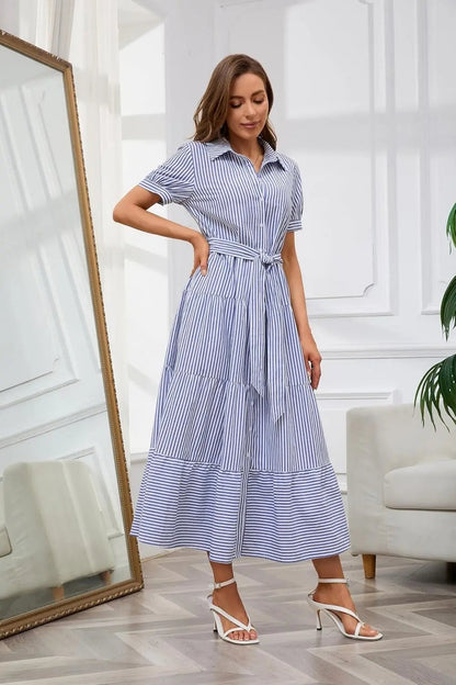 Eleanor | Striped Button Down Tiered Ruffle Maxi Shirt Dress